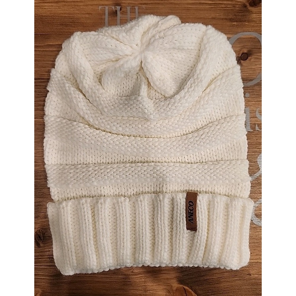 Aneco Knit Cap White Beanie Hat Winter Warm Womens OS Stretch Fit